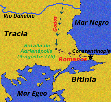 Batalla de Adrianópolis (9-8-378): derrota y muerte de Valente contra los tervingios