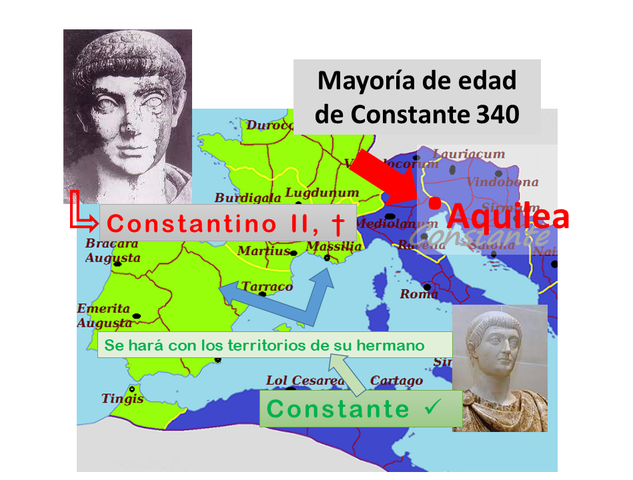 Mayoría de edad de Constante I. Batalla de Aquilea (abril 340).