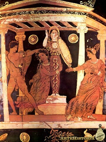 GRECIA. CERÁMICA. Cátrera con escena de Ayax y Casandra 450 a. C