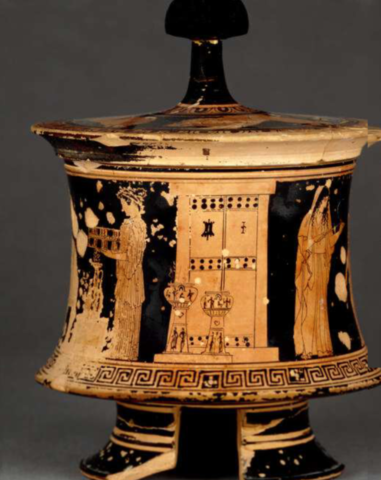 GRECIA. CERÁMICA. Pixis con escena de preparación para el matrimonio 440-415 a. C