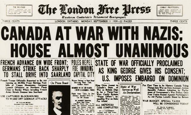 Canada declares war on Nazi Germany.