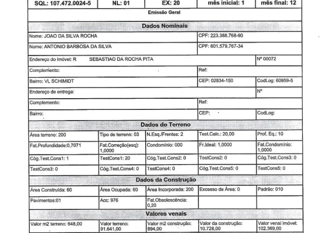Dados IPTU 2020 onde passou a constar como co-responsável Antônio Barbosa