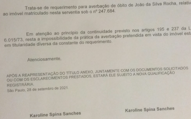 Negativa a solicitação de averbação de óbito