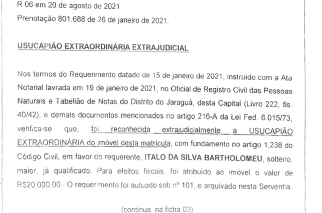 Registro usucapião extrajudicial