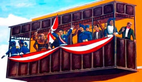 Don José de San Martín y Matorras proclama la Independencia del Perú en la Plaza Mayor de Lima.