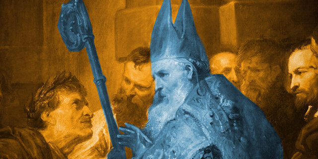 Ambrosio amonesta a Teodosio por la matanza de Tesalónica [cf. Paulino diácono de Milán, Vita Ambrosii 24] (390)