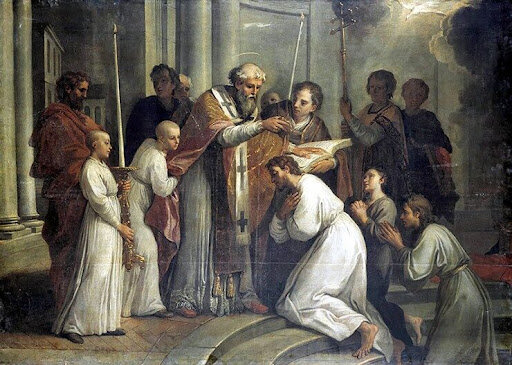 Agustín recibe el bautismo de manos de Ambrosio en Milán en la vigilia pascual de 387