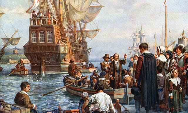 Pilgrims landing at Cape Code aboard the Mayflower