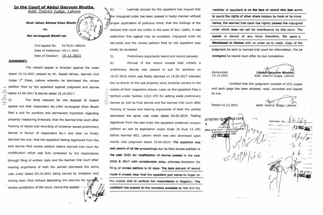 Civil Appeal against Saeed Akhtar Order Dismissed  (Civil Appeal No: 5179/21-482/21).