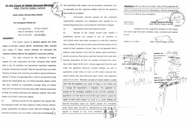 Civil Appeal against M. Afzal Dismissed by Abdul Qayuum Bhutta, ADJ (Civil Appeal No. 4733/21-465/21)