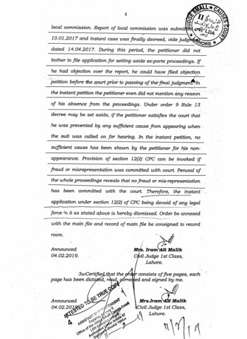 12(2) Dismissed by Civil Judge 1st Class Iram Malik