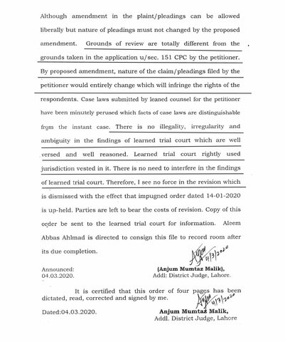 Civil Revision by F. Bhatti  Dismissed by  ADJ Anjum Mumtaz Malik.