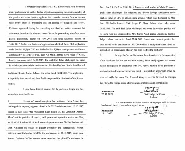 Sec 151 CPC by F. Bhatti Dismissed by Civil Judge Faisal Rashid