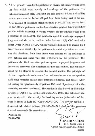 Review Petition by S. Bhatti Dismissed by Saeed Akhtar
