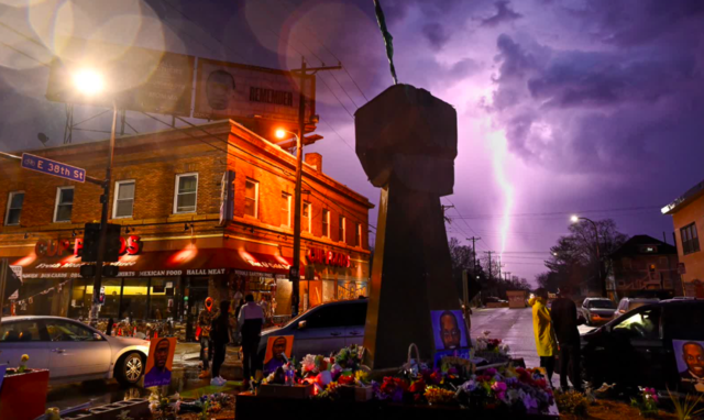 Lightening strikes behind the intersection where George Floyd was murdered. His death started widespread protests.