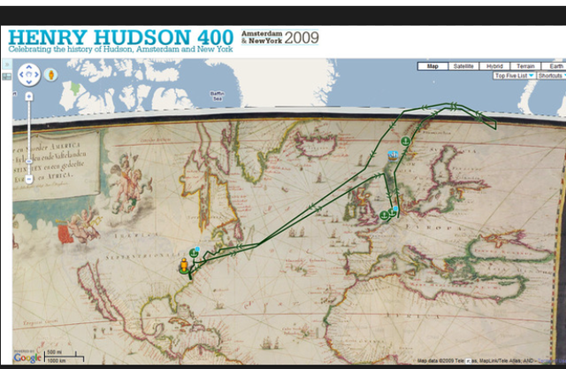 Henry Hudson, exploring for the Netherlands, claims land that will become New Netherland.