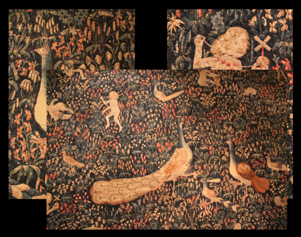 Paon et enfants sur fond de millefleurs