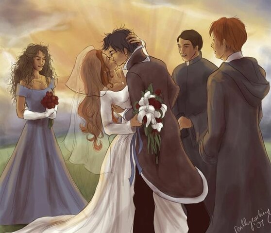 Harry potter se casa con Ginny Weasley y Hermionie Granger con Ron Weasley.