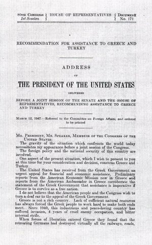 Truman delivers “Truman Doctrine” speech