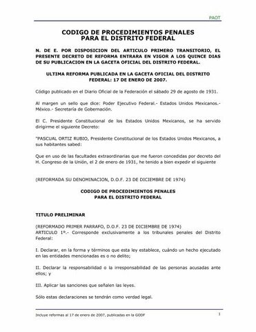 CÓDIGO DE PROCEDIMIENTOS PENALES PARA EL DISTRITO FEDERAL