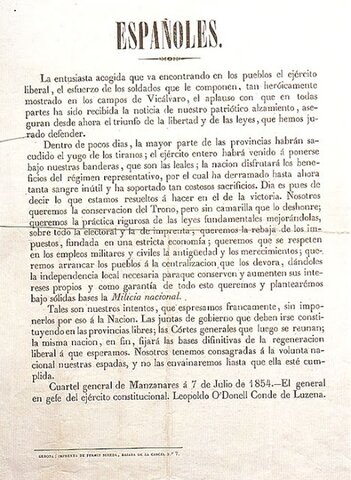 Pronunciamientos de O´Donnell (Vicálvaro) y Serrano Manifiesto de Manzanares