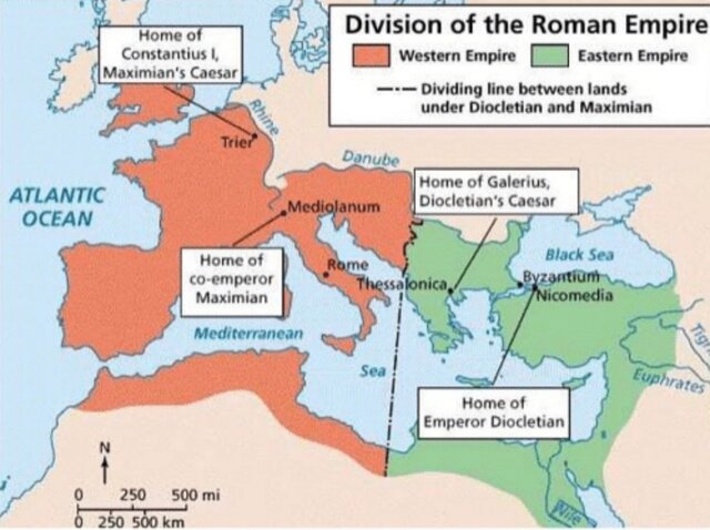 Emperor Diocletian divided the Empire into two halves—the Western Empire and the Eastern Empire.