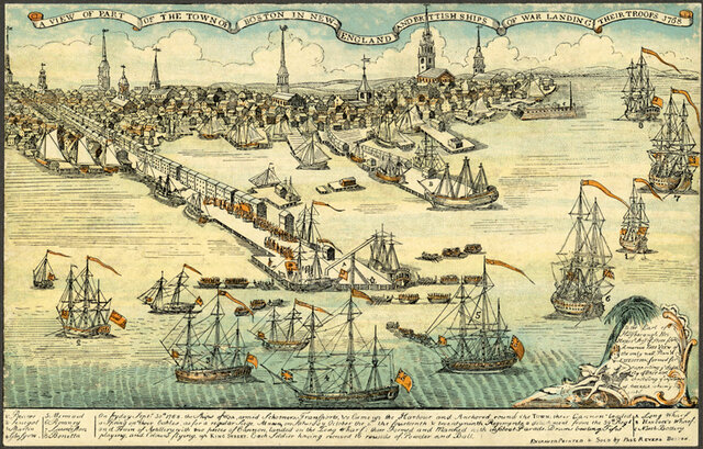 Bostonians protest the Tea Act with the Boston Tea Party dumping tea into the Boston Harbor.