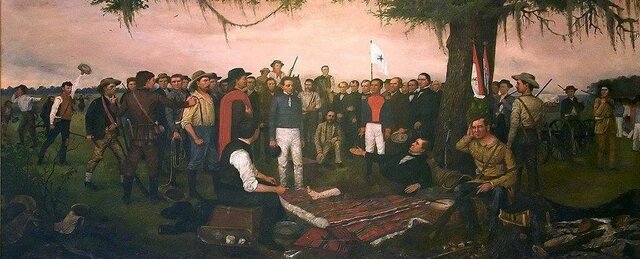 The Mexican army led by Santa Anna is defeated by the Texans led by Sam Houston at the Battle of San Jacinto. Texas declares its independence from Mexico as the Republic of Texas.