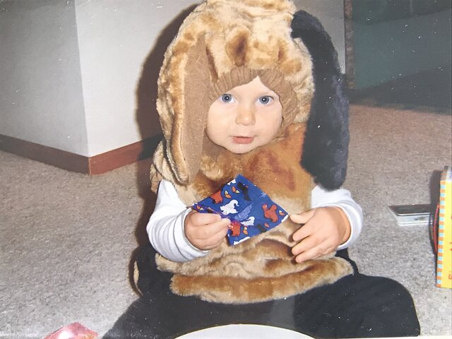 Dressed up as a beagle for Halloween.