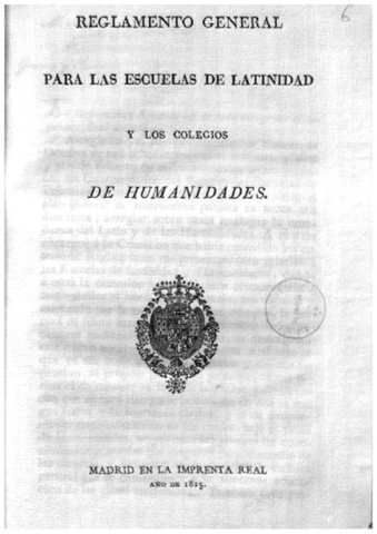 Reglamento General de escuelas de latinidad y colegios de humanidades