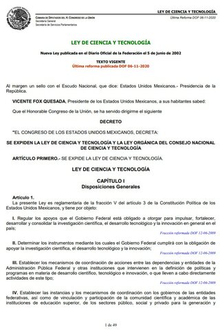 Promulgación de la Nueva Ley de ciencia y tecnología.