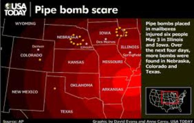 Pipe bombs found in six residential mailboxes, domestic terrorism suspected; drought devastated crops, caused invasion of grasshopper, losses more than $1 billion