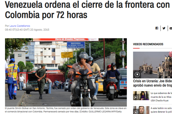 VENEZUELA ORDENA EL CIERRE  DE LA FRONTERA CON COLOMBIA POR 72 HORAS