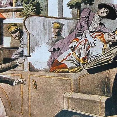 Timeline: 28 giugno 1914, attentato a Sarajevo:  l'arciduca Francesco Ferdinando (erede al trono d'Austria-Ungheria) e sua moglie Sofia vennero uccisi da uno studente di origine serba