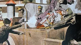 Timeline: 28 giugno 1914, attentato a Sarajevo:  l'arciduca Francesco Ferdinando (erede al trono d'Austria-Ungheria) e sua moglie Sofia vennero uccisi da uno studente di origine serba