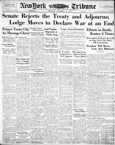 US senate rejects Treaty of Versailles