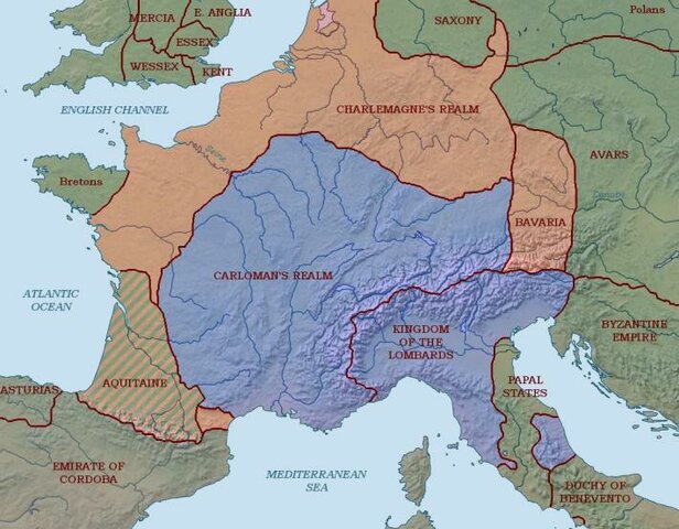 Muere Pipino el Breve, divide su reino entre sus hijos Carlos y Carloman.