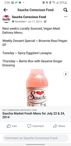 Saucha weekly meal and dessert specials.. delivered with kombucha
