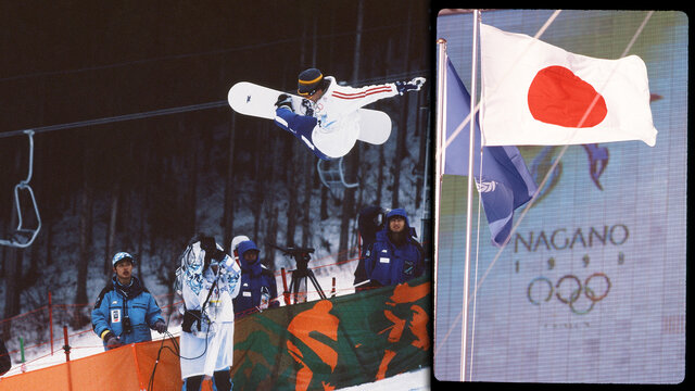 The first snowboard race