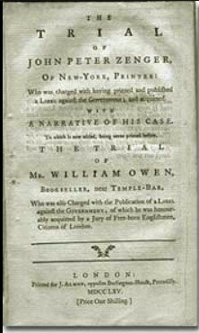 1735: Libel trial of John Peter Zenger helps establish free press