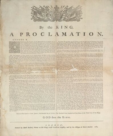 1763: Proclamation of 1763 bans colonists from settling west of the Proclamation Line