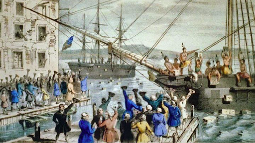At Boston, Tea Party’ colonists toss British tea in Boston Harbor