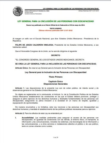 Ley General para la Inclusión de las personas con Discapacidad