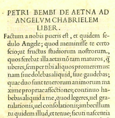 Primer libro en latín que sale de su imprenta: El diálogo sobre el Etna de Pietro Bembo