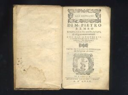 Gli Asolani, de Pietro Bembo, editado en Venecia por Aldo Manuzio