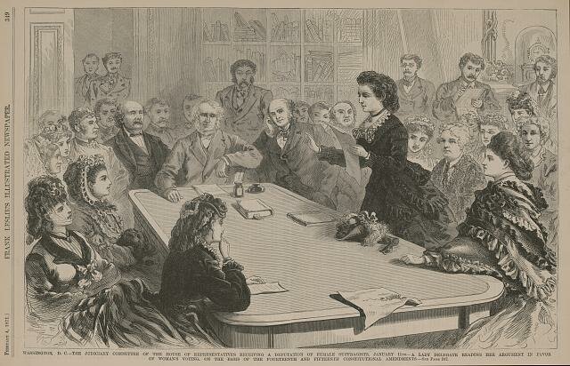 Victoria Woodhull stands before the House Judiciary Commitiee