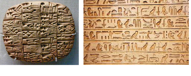 Escritura cuneiforme y  jeroglíficos.