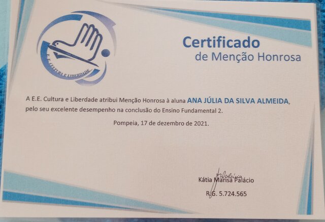 Aluna destaque ensino fundamental 2