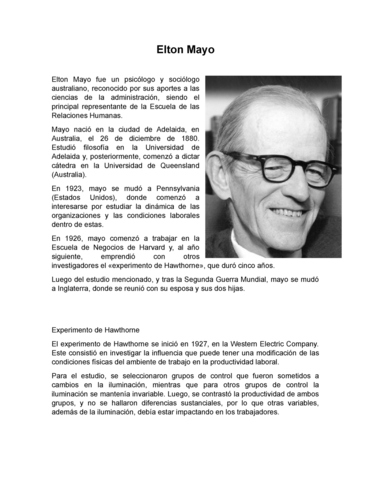 ELTON MAYO "EXPERIMENTO DE HAWTHORNE"