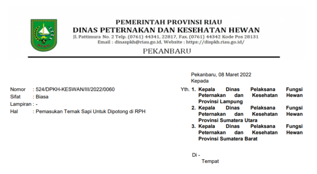 Surat Pemasukan Ternak Potong RPH dari Lampung, Sumut, dan Sumbar
